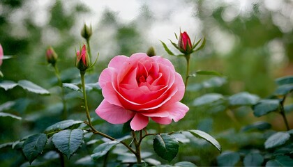 Obraz premium a fully bloomed pink rose is surrounded by budding flowers and lush green foliage in a softly blurred garden setting.