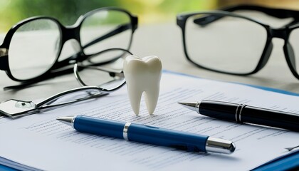 a miniature tooth model rests on a document alongside eyeglasses and pens, suggesting a dental insurance claim or healthcare assessment.