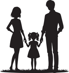 Happy family silhouette Mom dad daughter holding hands strong bond simple black shapes against white