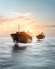 Fototapeta premium Container ships sailing through calm waters at sunset with vibrant sky and reflections, showcasing maritime trade and transportation
