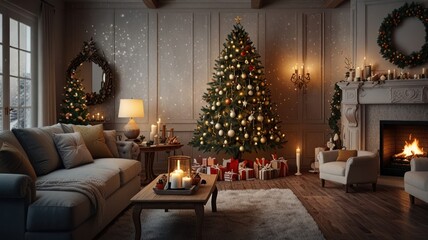 Obraz premium Cozy Christmas living room with fireplace, gifts, and tree
