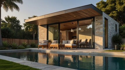 Modern poolside guesthouse sunset California relaxation