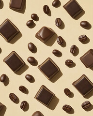 flat lay of chocolate pieces and coffee beans on warm toned background creates harmonious and inviting composition. arrangement is both aesthetically pleasing and appetizing