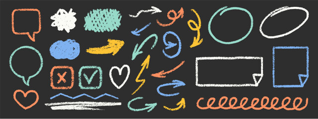 Cute Chalk Emphasis Squiggles Vector Set. Crayon Pencil Scribble Graffiti Arrows Frames Speech Bubbles Underlines. Hand Drawn Brush Texture Star Shapes Highlights. Pencil Childish Charcoal Doodles