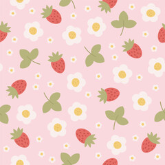 Seamless pattern with strawberries, flowers and leaves on pink background.	