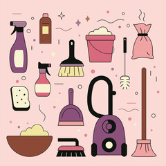 Cleaning Supplies and Household Tools Vector  Illustration – Flat Design. Perfect for housekeeping, hygiene, and home cleaning-themed projects. 

