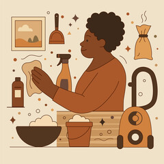 Housekeeping Woman Cleaning. Vector illustration of a woman doing house cleaning. She is wiping a surface with a cloth, surrounded by various cleaning supplies. Warm earthy tones and cozy design