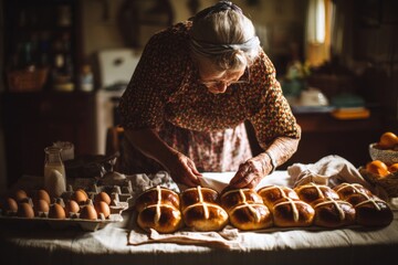 An elderly woman in her kitchen carefully arranges freshly baked hot cross buns for Easter.