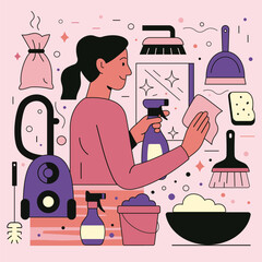 Woman Cleaning Mirror – Flat Style Illustration. Vector illustration of a woman cleaning a window using a cloth and a spray bottle.