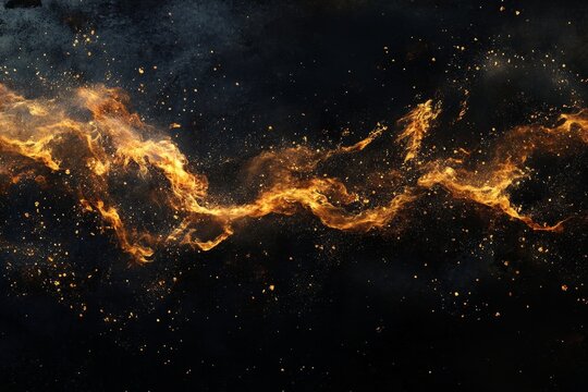 Abstract fiery stream against a dark background.  Dynamic, swirling, orange-gold flames amidst a cosmic dust
