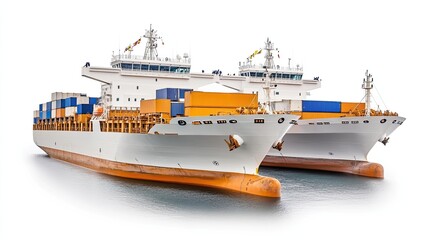Naklejka premium Two Large Cargo Ships with Colorful Containers Docked in Calm Waters Under Bright Sky