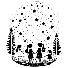 Girls under Starry Sky, Hand-Drawn Silhouette Art
