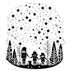 Stylized Black and White Family Starry Scene