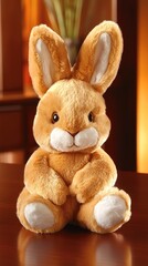 Obraz premium Adorable plush bunny toy sitting on a wooden table, a charming indoor scene