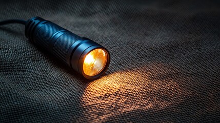 Illuminated flashlight on table with glowing light beam