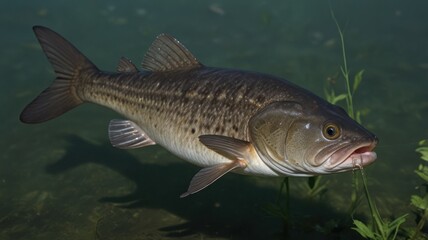 Fish swimming underwater, pond plants background, nature photography, aquatic life