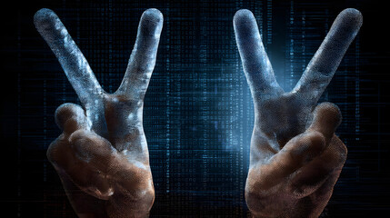 A close-up of two hands making peace signs, digitally rendered with a glowing effect, symbolizing harmony and technology.