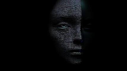 A close-up view of a woman's face features a digital interface overlay, embodying the convergence of stock, technology, and human-machine integration