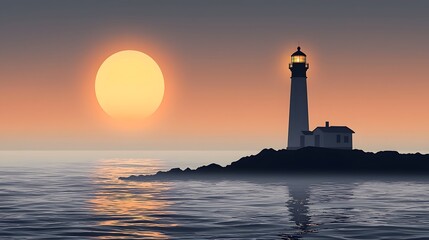 Lighthouse silhouette against a serene sunset over the ocean