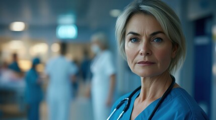 A portrait of a middle-aged European woman dressed in scrubs, looking confidently at the camera in a hospital setting, embodying professionalism and care.