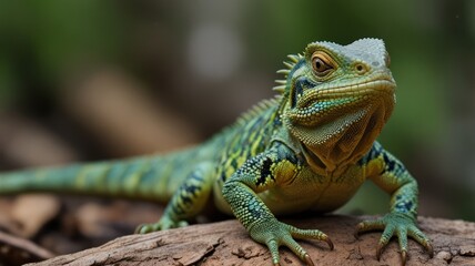 Green lizard on log, forest background, nature wildlife