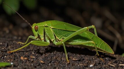 Fototapeta premium Green katydid on dark soil, night background, nature macro