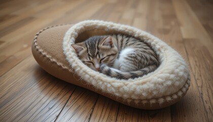 Kitten Sleeping in Cozy Bed on Wooden Floor