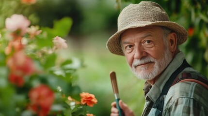 This portrait shows an elderly male gardener smiling warmly among blooming flowers. His caring expression reflects a passionate relationship with nature and gardening.