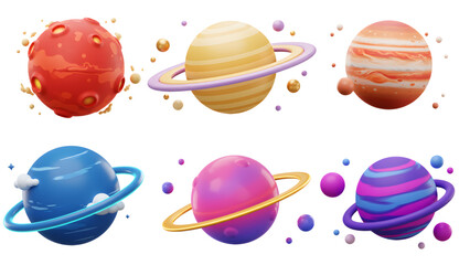 3d cartoon planets set, space galaxy illustration png