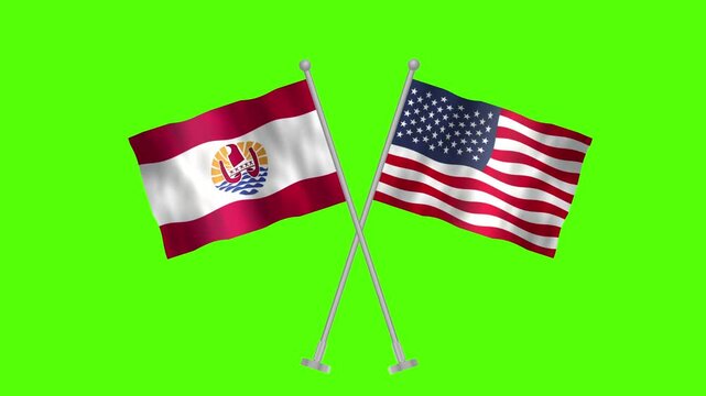 Flag of Frence Polynisia and USA, Cross table flag of Frence Polynisia and USA on Green screen chroma key, Frence Polynisia and USA 3D Animation flag waving in the wind isolated on Green Background. 

