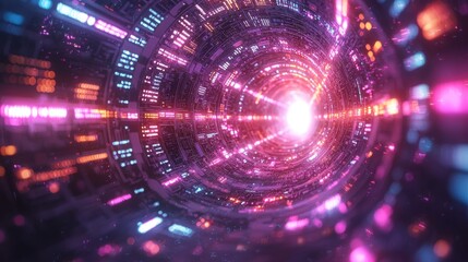 Fototapeta premium Futuristic digital tunnel with bright lights and glowing circuits