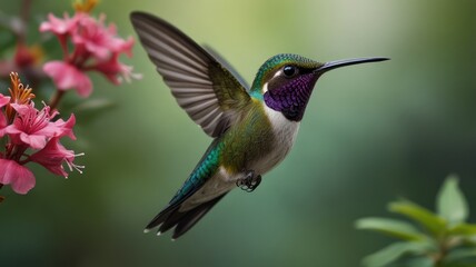 Fototapeta premium Hummingbird hovering near pink flowers, garden background, nature photography