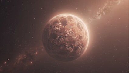 Fototapeta premium Explore a mystical alien world with a rugged cratered surface and a thin colorful atmosphere under a soft cosmic glow