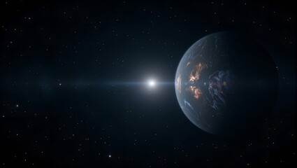 Obraz premium Discover a captivating exoplanet with a shimmering opalescent surface under the glow of distant stars in the never ending universe