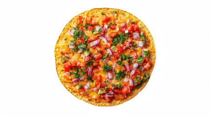 a small pizza with cheese, tomatoes, and red onions on a transparent background, PNG image, PNG file, Generative art.