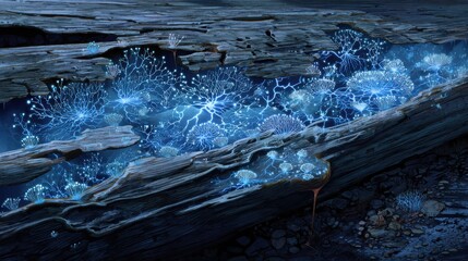 Bioluminescent Mycelial Network Illuminating a Decaying Log in a Dark Forest: A Semi-Realistic Illustration Capturing Glowing Patterns and Intricate Details of Nature's Wonders