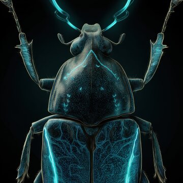 Semi-Realistic of a Large Bioluminescent Beetle Close-Up, Showcasing its Glowing Respiratory System with Faint Cyan Light Against a Dark Background, Iridescent Carapace and Unique Textures