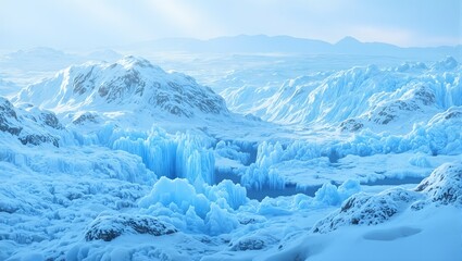 Explore a mystical frozen landscape shimmering ice formations deep blue crevasses and glistening frosted rocks under the dramatic arctic sun