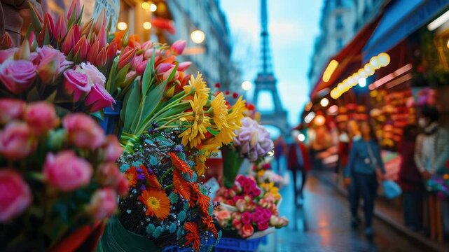 shop window with flowers on the background of the Eiffel Tower. Selective focus