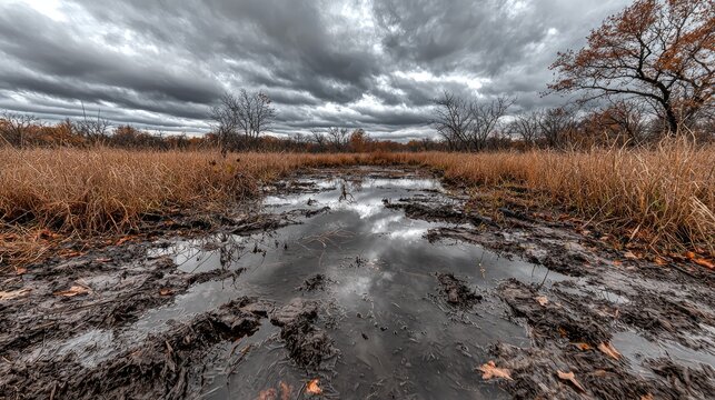 Muddy dirt road with deep tire tracks and water puddles under a dramatic cloudy sky in autumn.