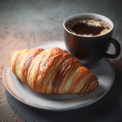 Buttery Croissant with Black Coffee on Gray Ceramic Plate