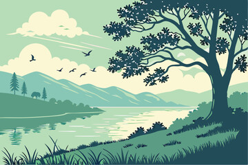 33 Serene landscape, peaceful lake reflection, vibrant green foliage, distant mountains, fluffy white clouds, blue sky, sunrise or sunset, birds in flight, tree silhouette, tranquil nature scene, digi