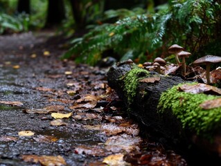 Obraz premium A quiet forest path after rainfall, wet leaves glistening, tiny mushrooms on mossy logs, mist lingering in the air, earthy and refreshing atmosphere 