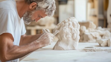 Artisan carves a detailed marble sculpture in a workshop filled with stone creations during daylight hours
