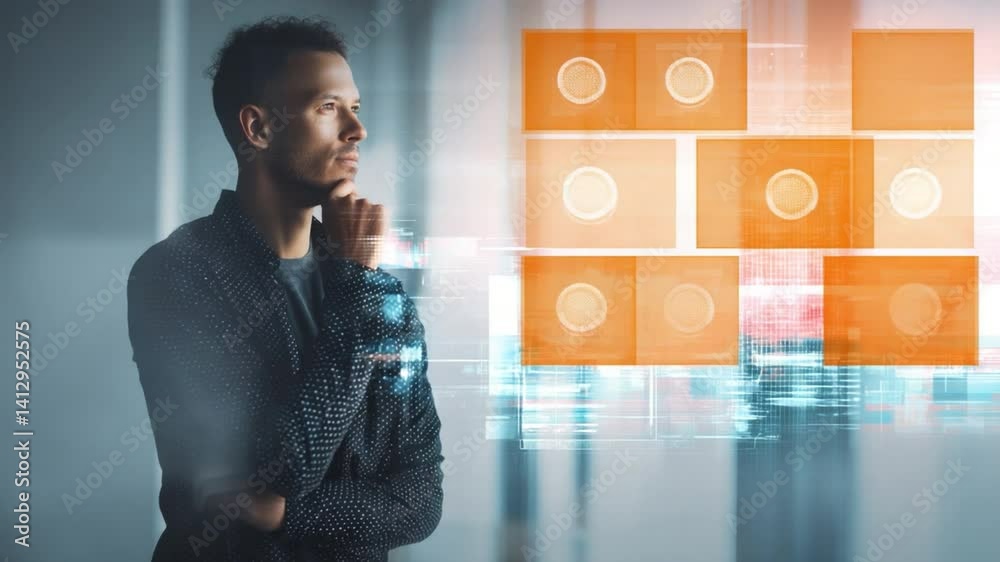 Poster digital reflection: a focused individual contemplates an array of digital interface elements, illust