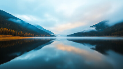 Fisheye minimalist photo of a dramatic mountain landscape with low hanging clouds and perfect mirror like reflections on the water