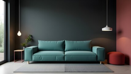 Modern Living Room with Green Sofa and Deep Green Walls