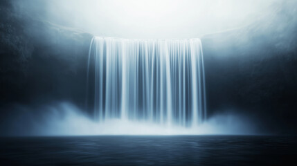 Misty waterfall cascading over moss covered rocks, softly splashing into calm emerald pool, enveloping surrounding forest in peaceful haze