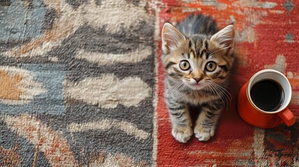 Adorable Kitten Sitting on Rug Next to Cup