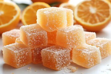 Heap Of Homemade Orange Marmalade Candy With Fresh Oranges Around